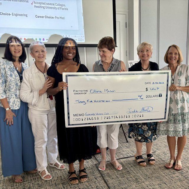 Presenting scholarship check, Claudia Polzer, Linda Steele, winner Olivia Mason, Linda Castilla, Deb Stephano, Diana Sarsfield