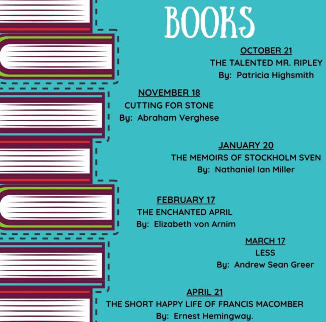 Featured Books poster listing the Club at Gateway Book Club selections for October through April