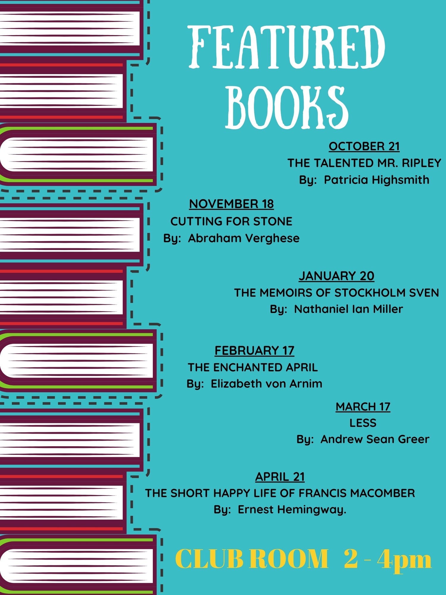 Featured Books poster listing the Club at Gateway Book Club selections for October through April