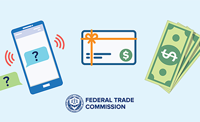 Federal Trade Commission graphic showing a phone, gift card and cash used in refund scams