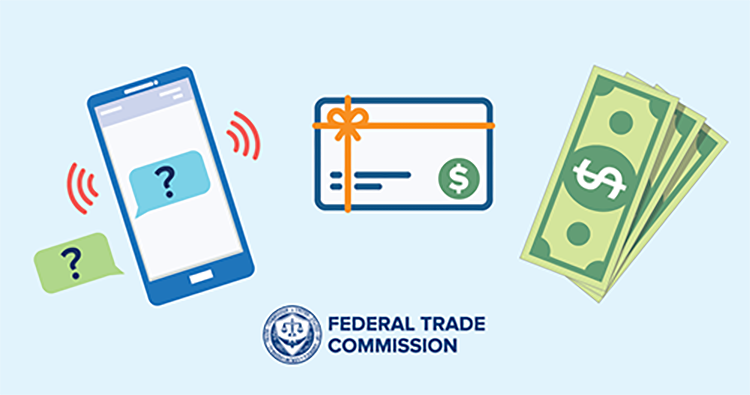 Federal Trade Commission graphic showing a phone, gift card and cash used in refund scams
