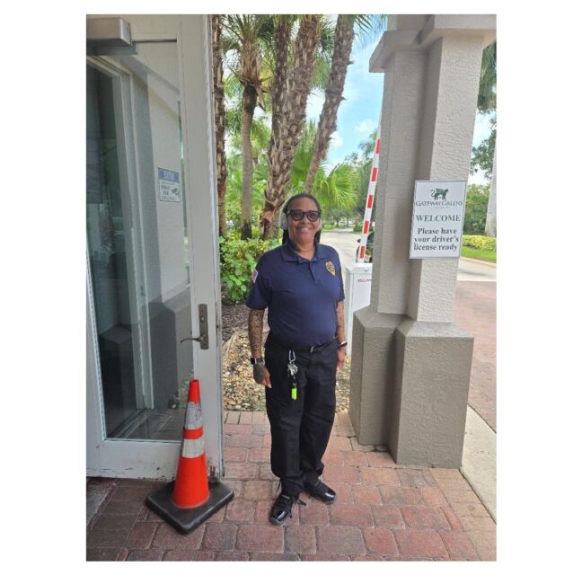 Captain Stephanie Robinson on duty at the Gateway Greens front gate