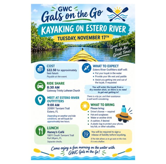 GWC Gals on the Go flyer for kayaking on the Estero River
