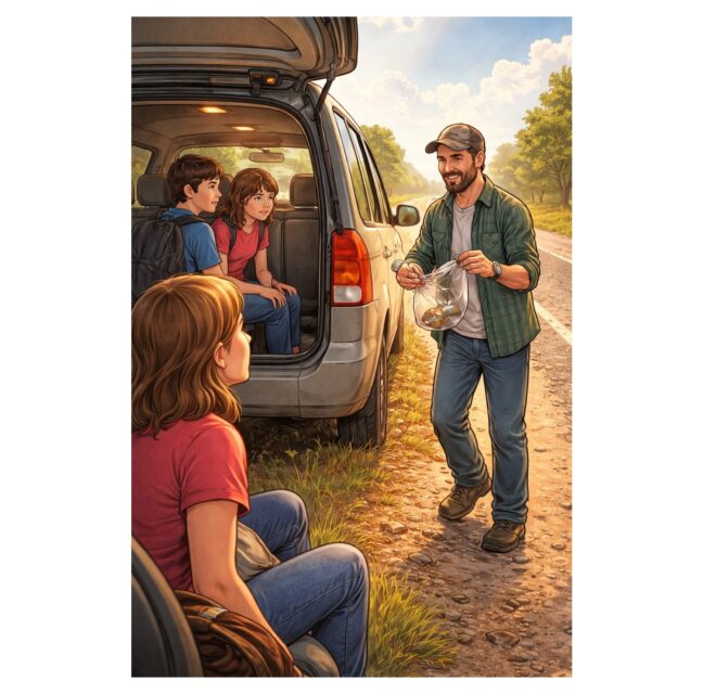 Illustration of a family collecting a cap from a roadside beside their van