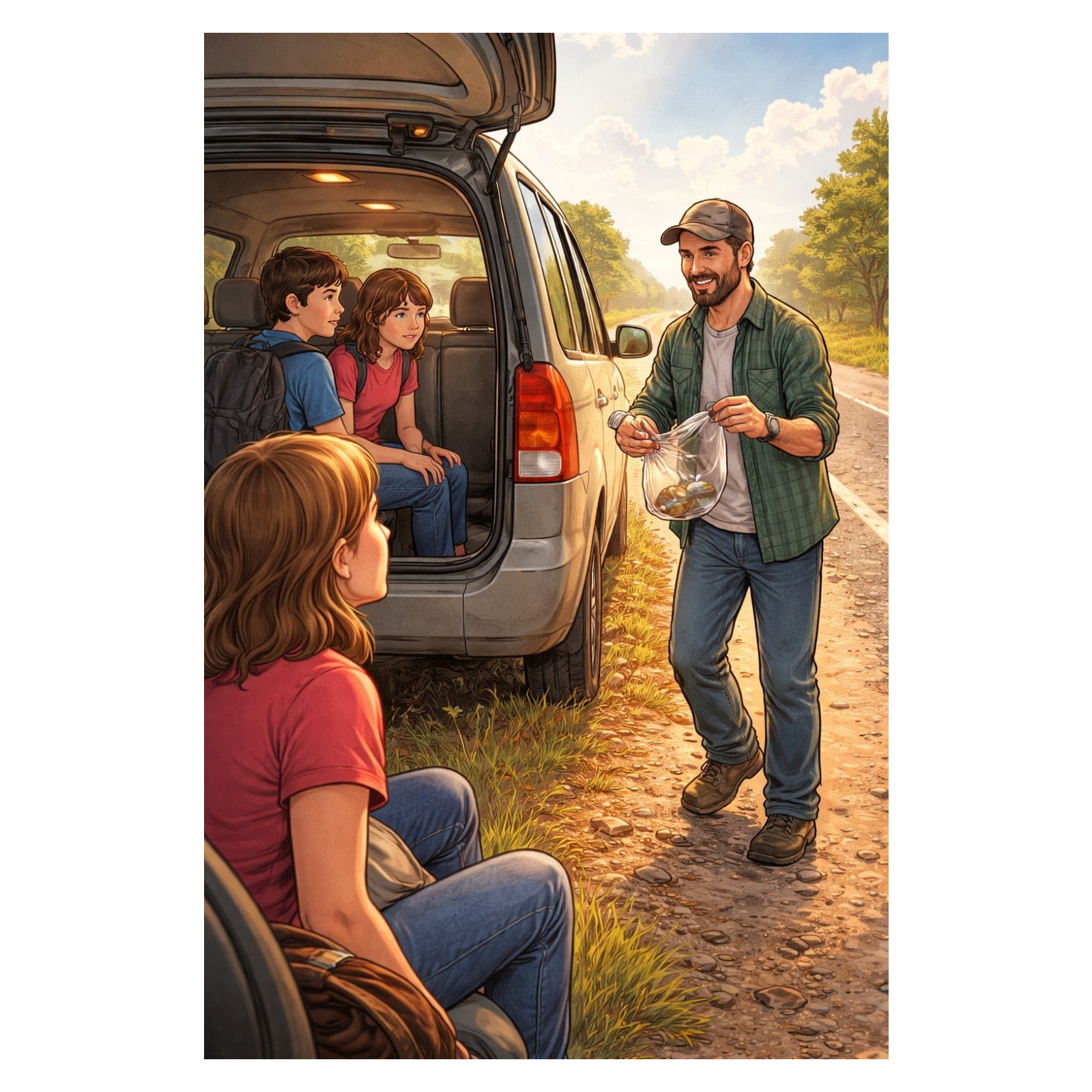 Illustration of a family collecting a cap from a roadside beside their van