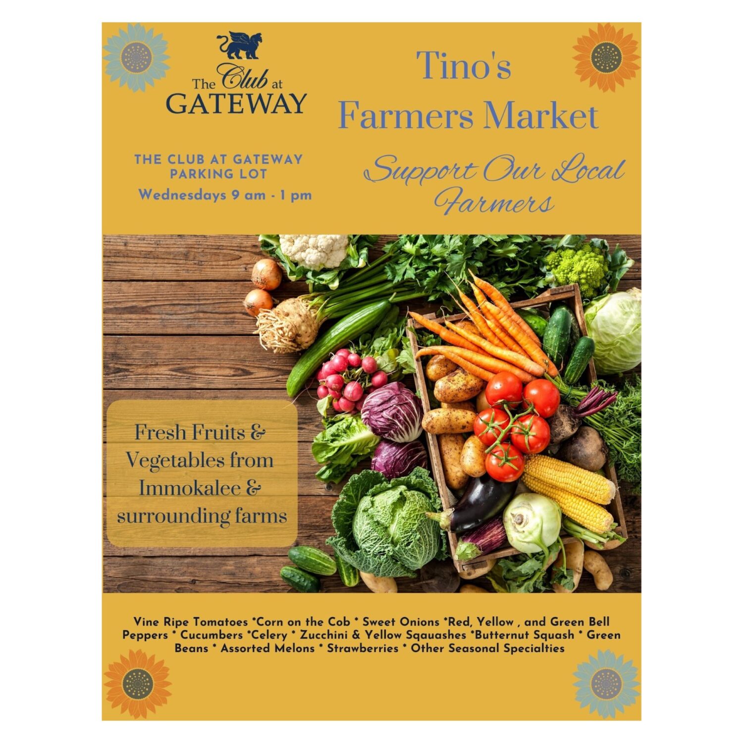 Tino's Farmers Market flyer for the Club at Gateway parking lot
