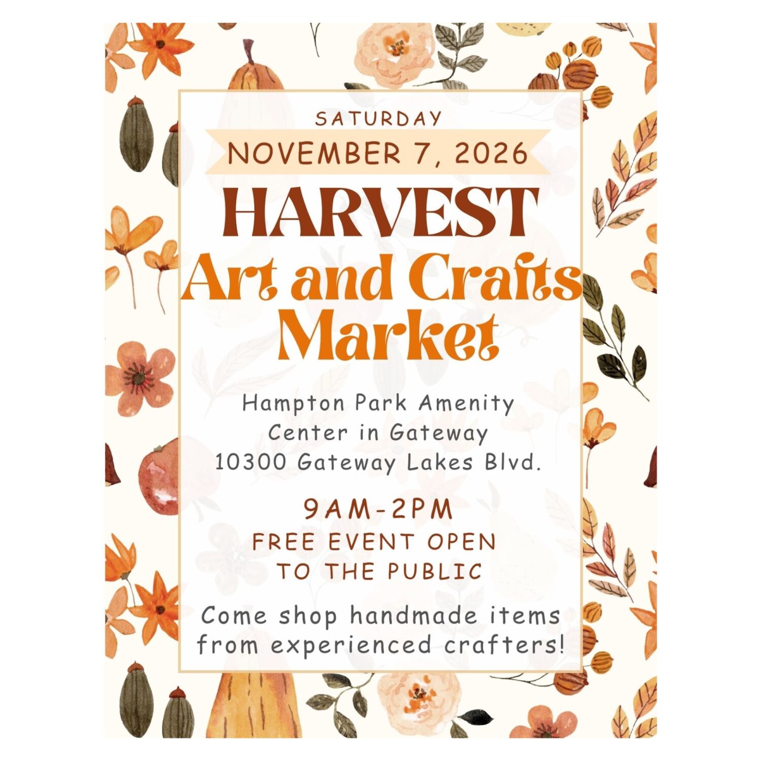 Harvest Art and Crafts Market flyer for November 7 at Hampton Park Amenity Center