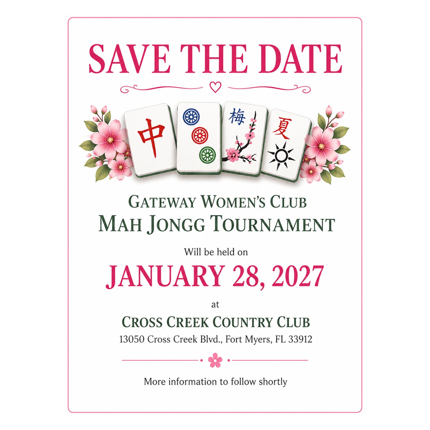 Gateway Women’s Club Mah Jongg Tournament save-the-date flyer for January 28, 2027