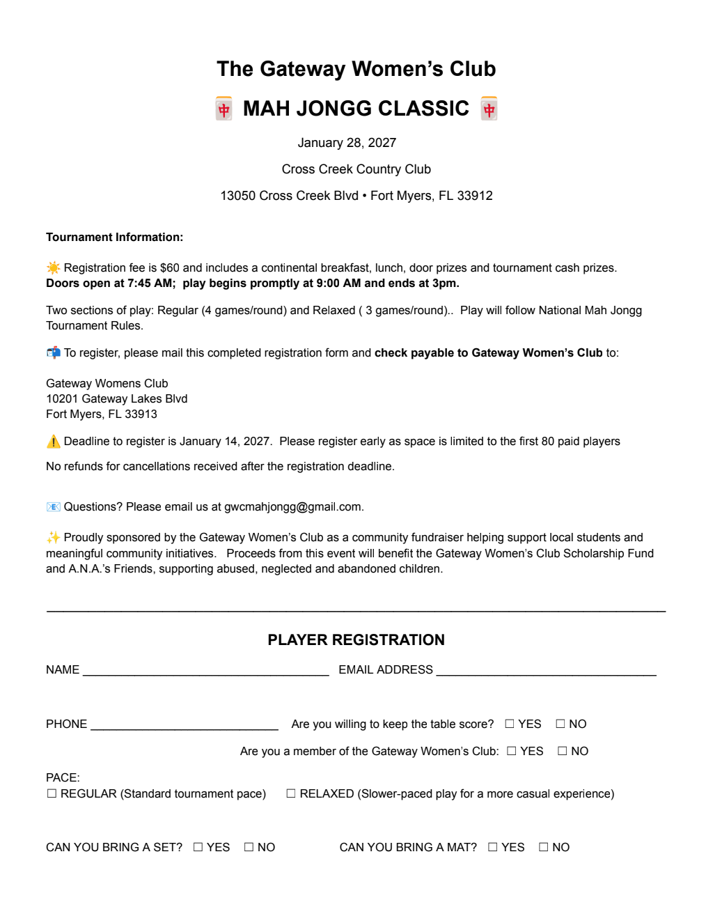 Mah Jongg Classic tournament information and player registration form