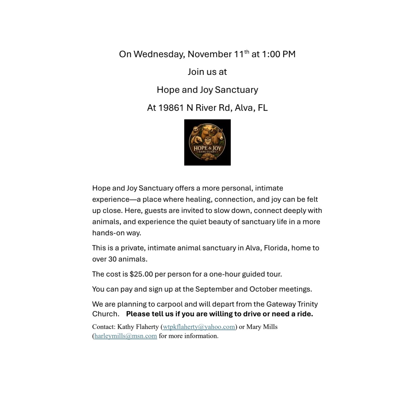 Flyer for the Gateway Women’s Club visit and guided tour of Hope and Joy Sanctuary