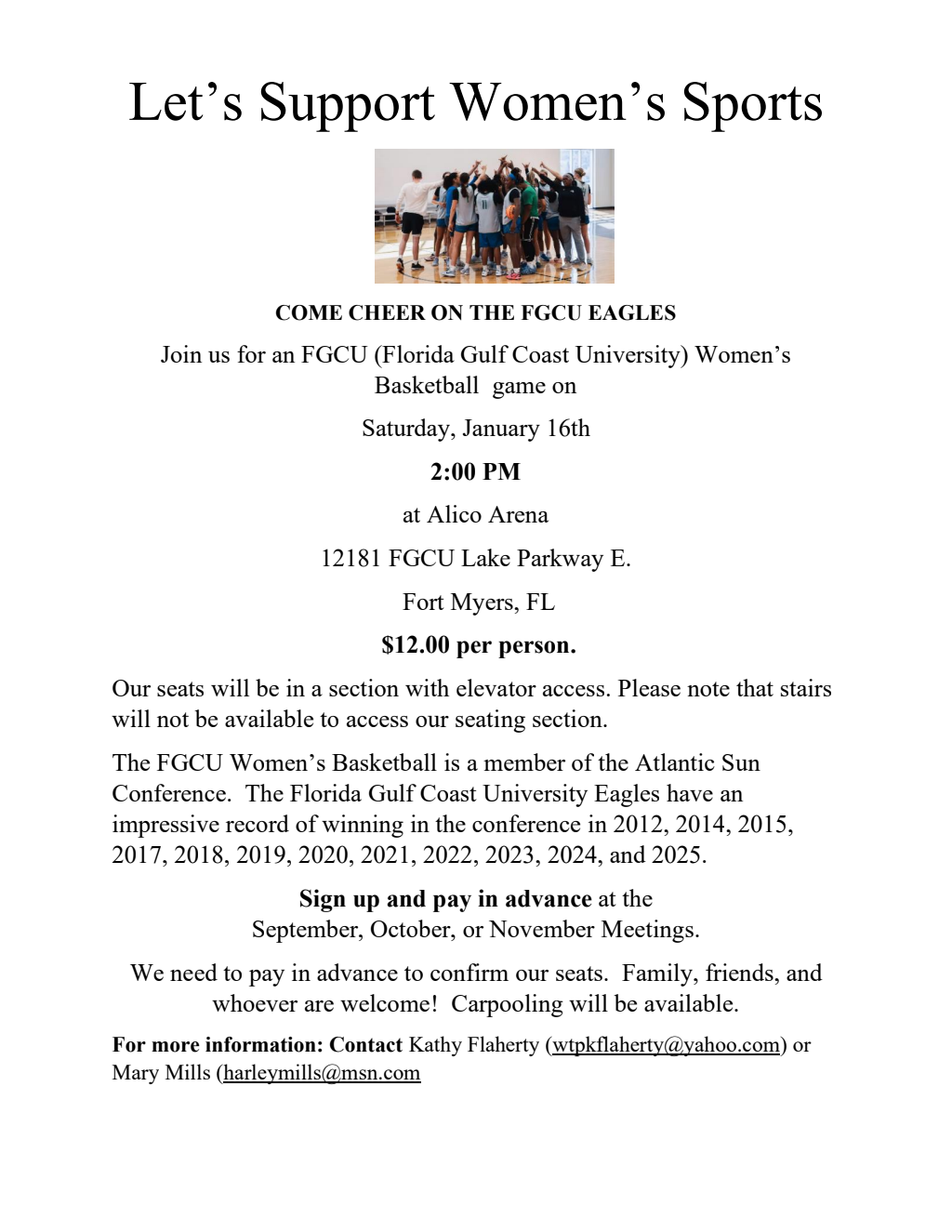 Flyer for the FGCU Eagles women’s basketball outing in January