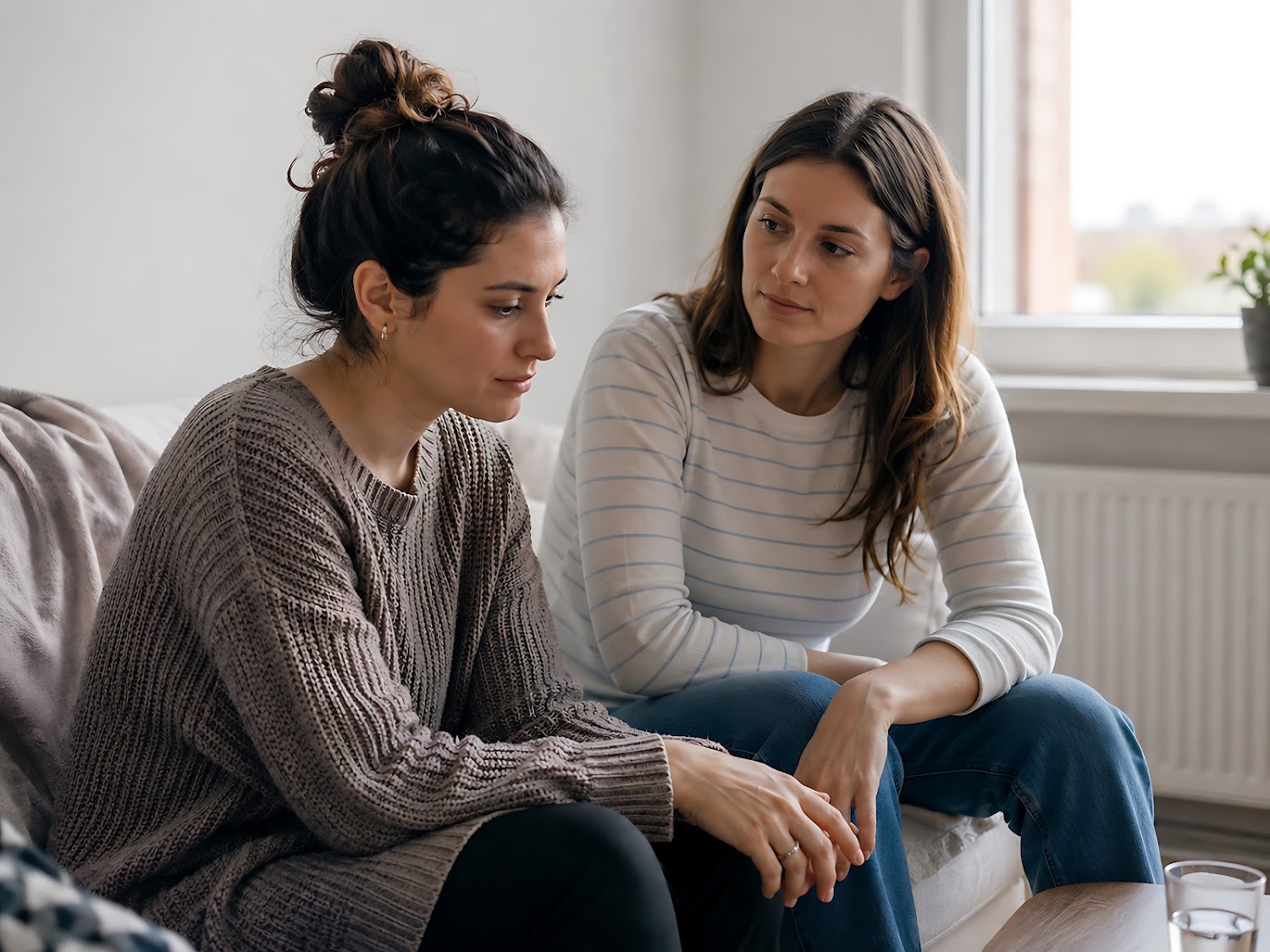 Two women sitting together in a quiet, serious conversation