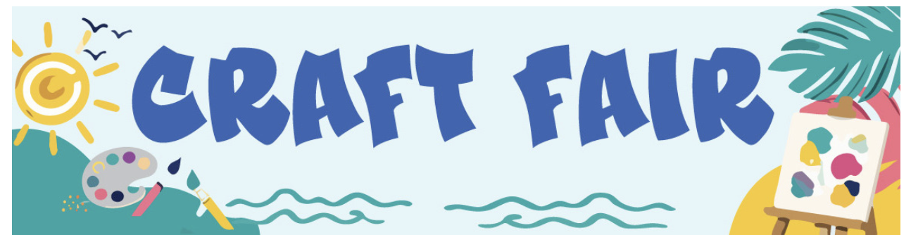 Craft Fair banner with a sun, palm fronds, paint palette and easel
